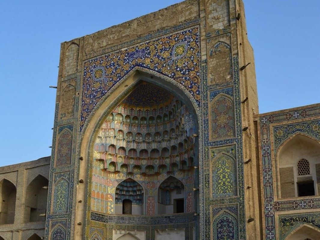 The Abdulaziz-Khan Madrasah, an architectural masterpiece located in the historic city of Bukhara, Uzbekistan