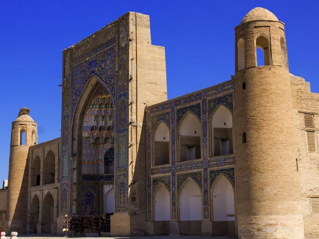 The Abdulaziz-Khan Madrasah, an architectural masterpiece located in the historic city of Bukhara, Uzbekistan